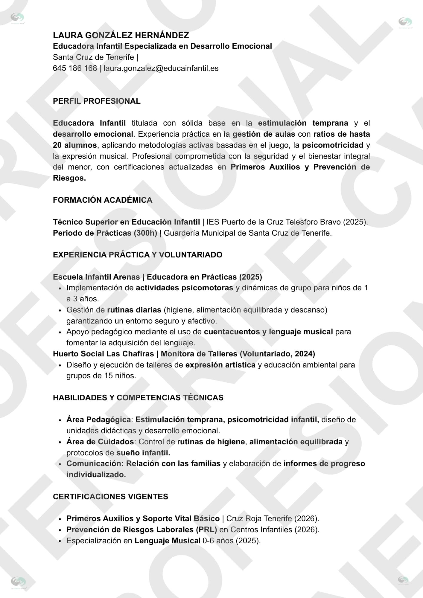cv cuidador infantil ats tenerife | CV Profesional Tenerife™ Currículum profesional de cuidador infantil con diseño optimizado para filtros ATS, presentando una estructura limpia y clara para el sector de cuidados en Tenerife.
