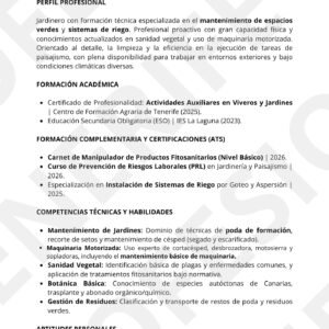 Currículum profesional de jardinero con formato optimizado para sistemas ATS, diseñado con una estructura limpia y clara para el sector de mantenimiento en Tenerife.