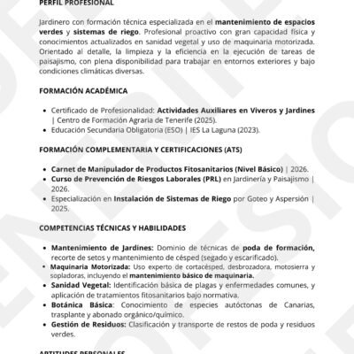 Currículum profesional de jardinero con formato optimizado para sistemas ATS, diseñado con una estructura limpia y clara para el sector de mantenimiento en Tenerife.