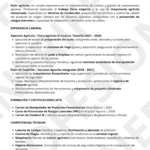 Vista previa de currículum para Peón Agrícola en Tenerife, diseño profesional optimizado para filtros ATS.