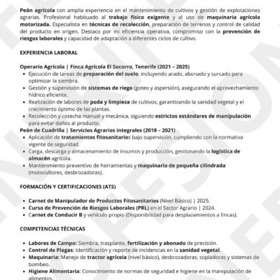 Vista previa de currículum para Peón Agrícola en Tenerife, diseño profesional optimizado para filtros ATS.