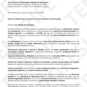 Vista previa de currículum profesional para cocinero doméstico con formato optimizado para filtros ATS, diseñado con una estructura limpia y profesional para el mercado de Tenerife.