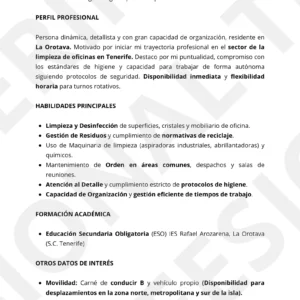 Vista previa de currículum para Operario de Limpieza de Oficinas sin experiencia en Tenerife, diseño optimizado para filtros ATS
