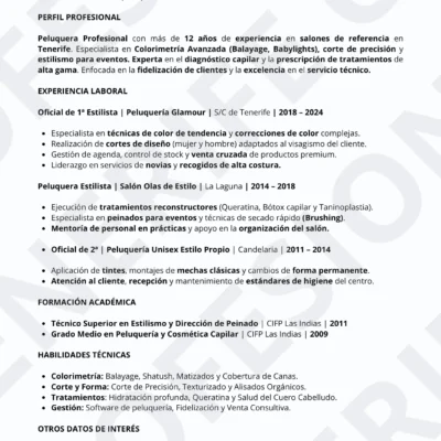 Vista previa CV Peluquero Estilista Optimizado para filtros ATS