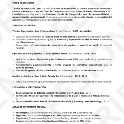 Vista previa CV Técnico Depilación Láser ( Especialista) optimizado para Filtros ATS, estructura limpia.