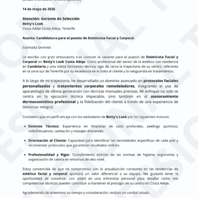 Vista previa Carta de Presentación Marina Pacheco Esteticista Facial y Corporal, optimizado para Filtros ATS, estructura limpia.