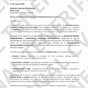 Vista previa de Carta de Presentación de Esteticista Facial Y Corporal, optimizada para ATS, estructura limpia.