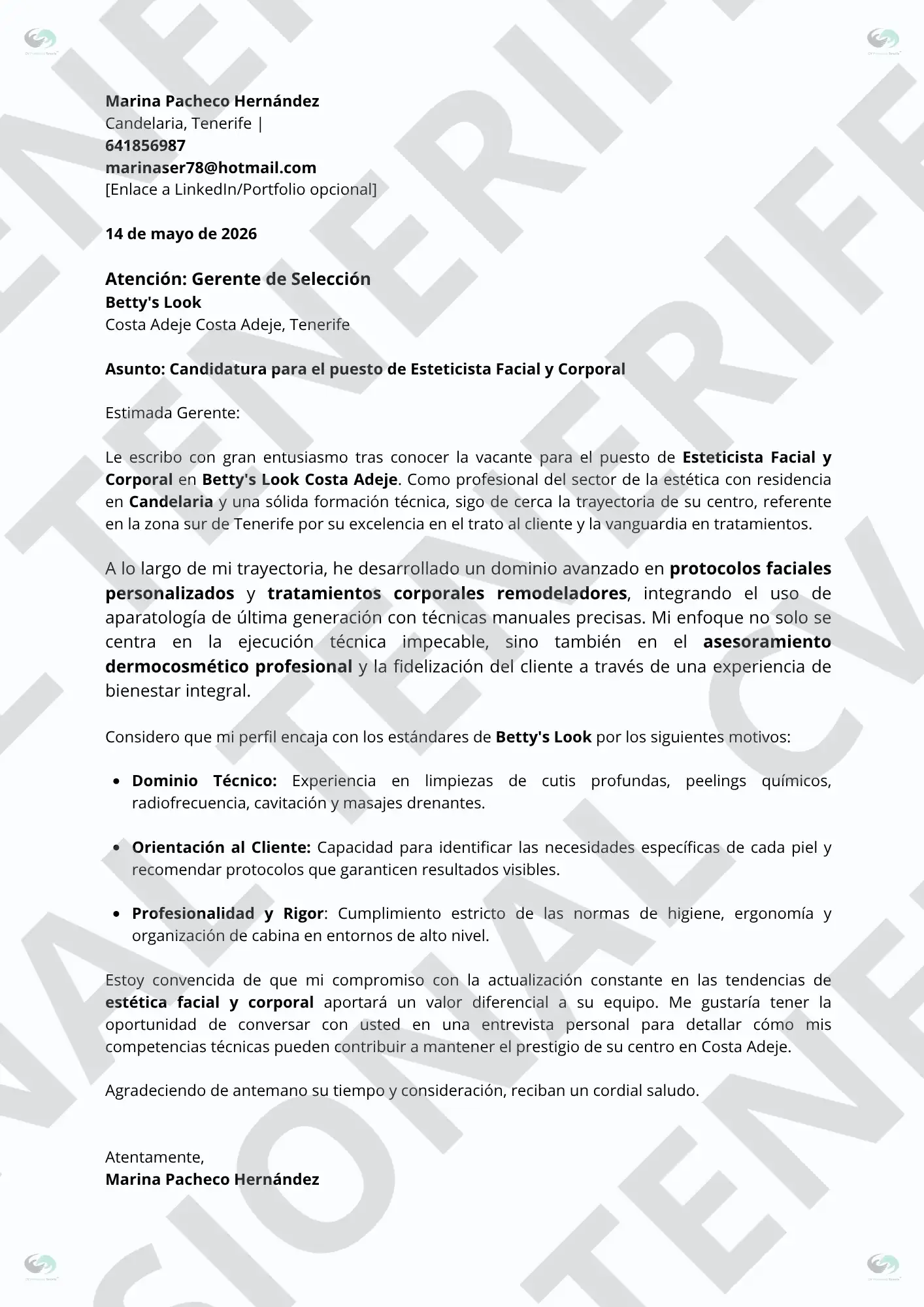 ok 5 | CV Profesional Tenerife™ Vista previa de Carta de Presentación de Esteticista Facial Y Corporal, optimizada para ATS, estructura limpia.