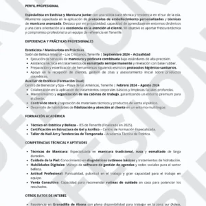 CV Manicurista perfil junior optimizado para filtros ATS, estructura limpia