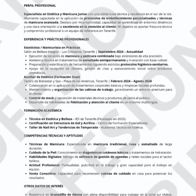 CV Manicurista perfil junior optimizado para filtros ATS, estructura limpia