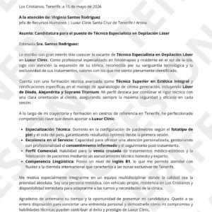 Vista previa Carta de Presentación de Técnico Depilación Láser optimizado para ATS, estructura limpia.