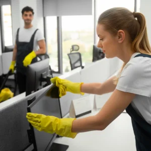 Operarios de limpieza profesional trabajando en el mantenimiento de una oficina moderna en Tenerife.