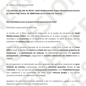 Ejemplo de carta de presentación profesional para recepcionista de hotel en Tenerife diseñada por CV Profesional Tenerife.
