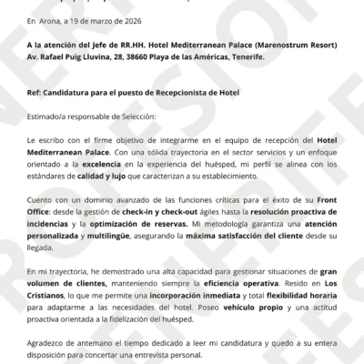 Ejemplo de carta de presentación profesional para recepcionista de hotel en Tenerife diseñada por CV Profesional Tenerife.