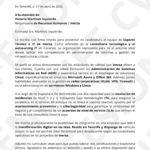 Vista previa de carta de presentación para Soporte Informático y perfiles IT en Tenerife, diseño técnico y profesional.