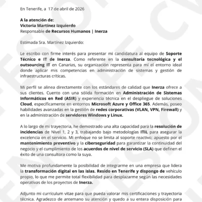 Vista previa de carta de presentación para Soporte Informático y perfiles IT en Tenerife, diseño técnico y profesional.