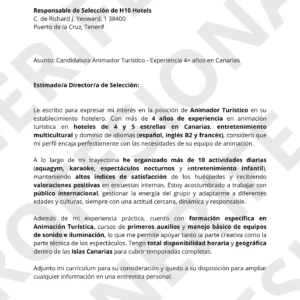 Ejemplo de currículum para animador turístico en hoteles de Tenerife con diseño optimizado.