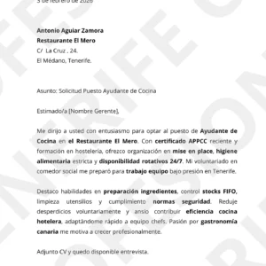 Ejemplo de currículum para ayudante de cocina en Tenerife optimizado para filtros ATS de hostelería.