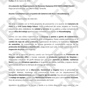 Ejemplo de currículum para camarera de pisos en Tenerife diseñado para superar filtros ATS hoteleros.