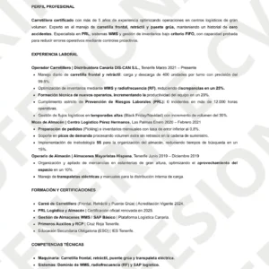 Vista previa del pack de currículum para Carretillero y Operario de Almacén en Tenerife, optimizado para filtros ATS.