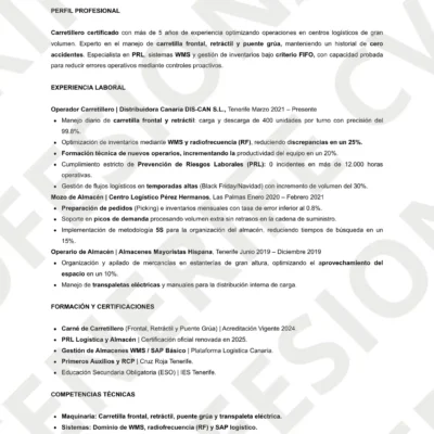 Vista previa del pack de currículum para Carretillero y Operario de Almacén en Tenerife, optimizado para filtros ATS.