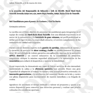 Ejemplo de currículum para cocinero profesional en Tenerife optimizado para sistemas de selección ATS.