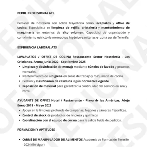 Vista previa de currículum para Lavaplatos y personal de Office en Tenerife, optimizado para pasar filtros ATS.