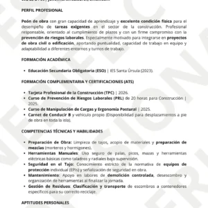 Vista previa del pack de currículum para Peón de Obras en Tenerife, diseño profesional optimizado para filtros ATS.