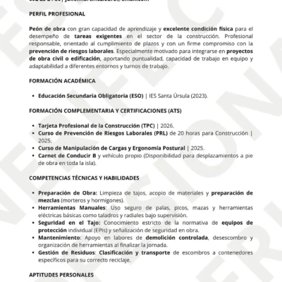 Vista previa del pack de currículum para Peón de Obras en Tenerife, diseño profesional optimizado para filtros ATS.