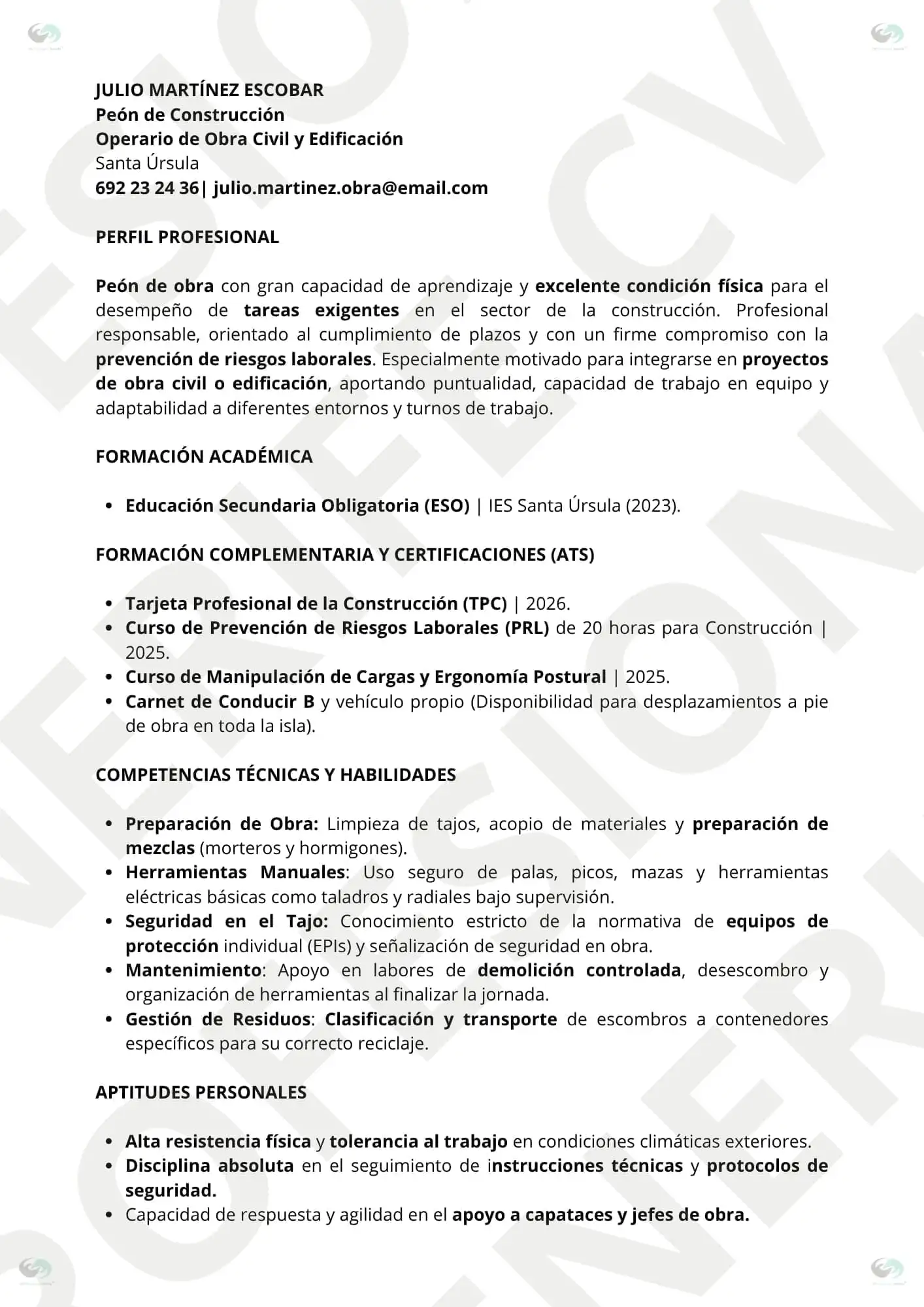 vista previa cv peon obra construccion tenerife | CV Profesional Tenerife™ Vista previa del pack de currículum para Peón de Obras en Tenerife, diseño profesional optimizado para filtros ATS.