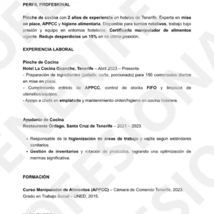 Ejemplo de currículum para pinche de cocina en Tenerife con formato optimizado para filtros ATS.