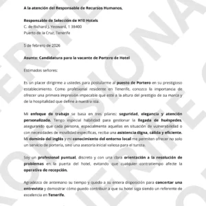 Ejemplo de currículum para portero o conserje de hotel en Tenerife con diseño profesional y legible para ATS.