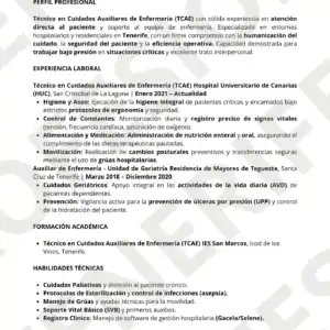 Vista Previa CV Técnico de Cuidados Auxiliares, diseño limpio, y estructurado.
