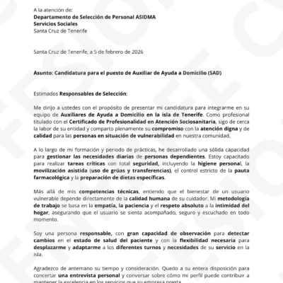 Carta de presentación para profesional de ayuda a domicilio optimizada para filtros ATS.