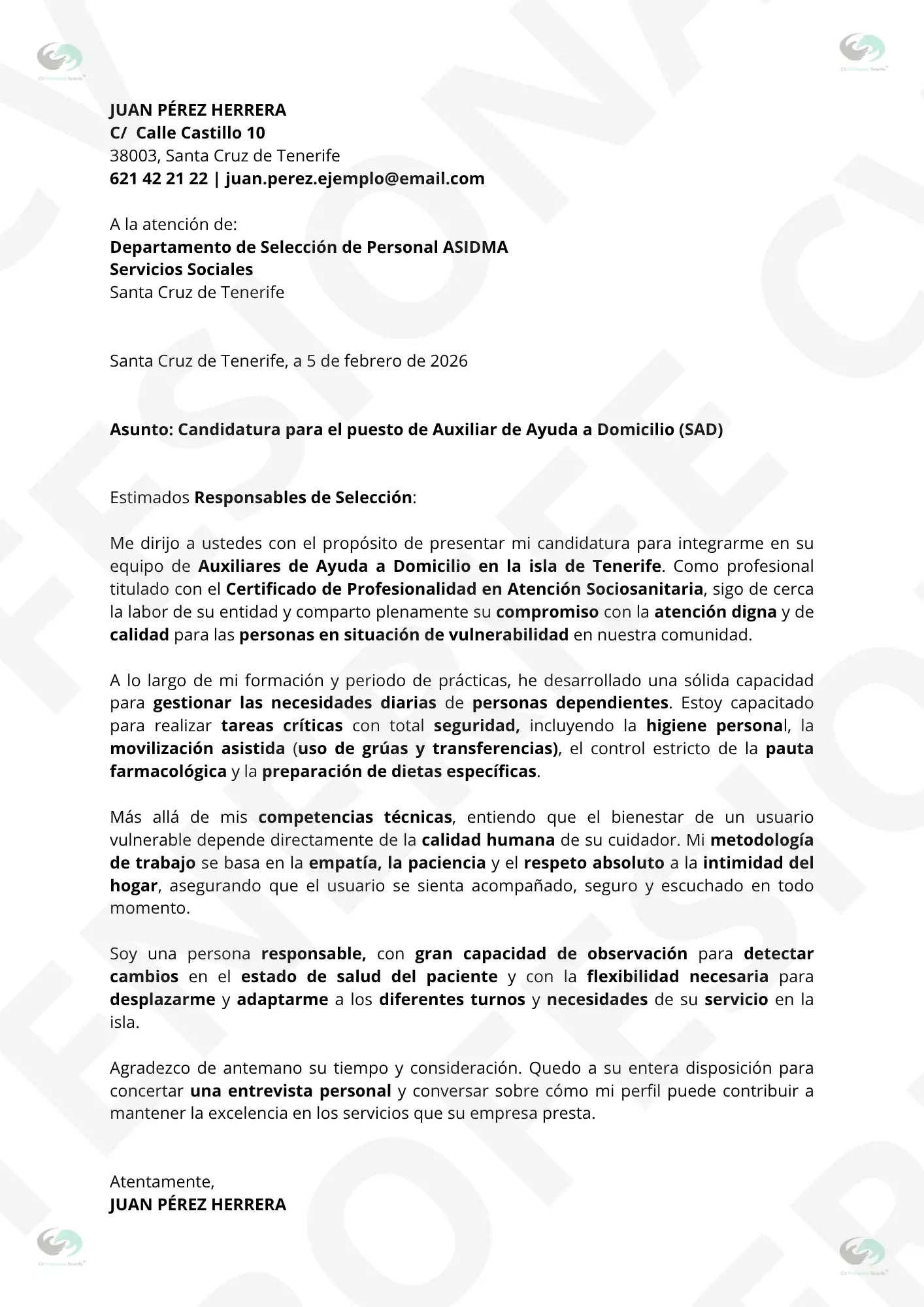 VISTA PREVIA CARTA PRESENTACION AYUDA DOMICILIO 1 | CV Profesional Tenerife™ Carta de presentación para profesional de ayuda a domicilio optimizada para filtros ATS.