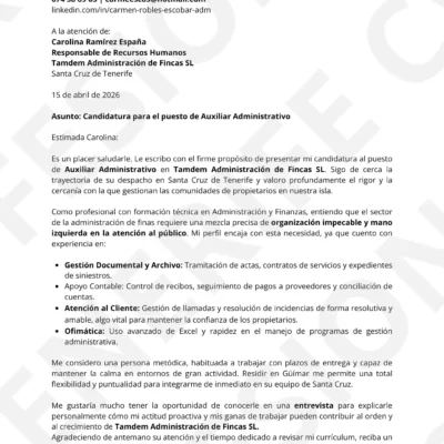 Carta de presentación para auxiliar administrativo optimizada para sistemas ATS.