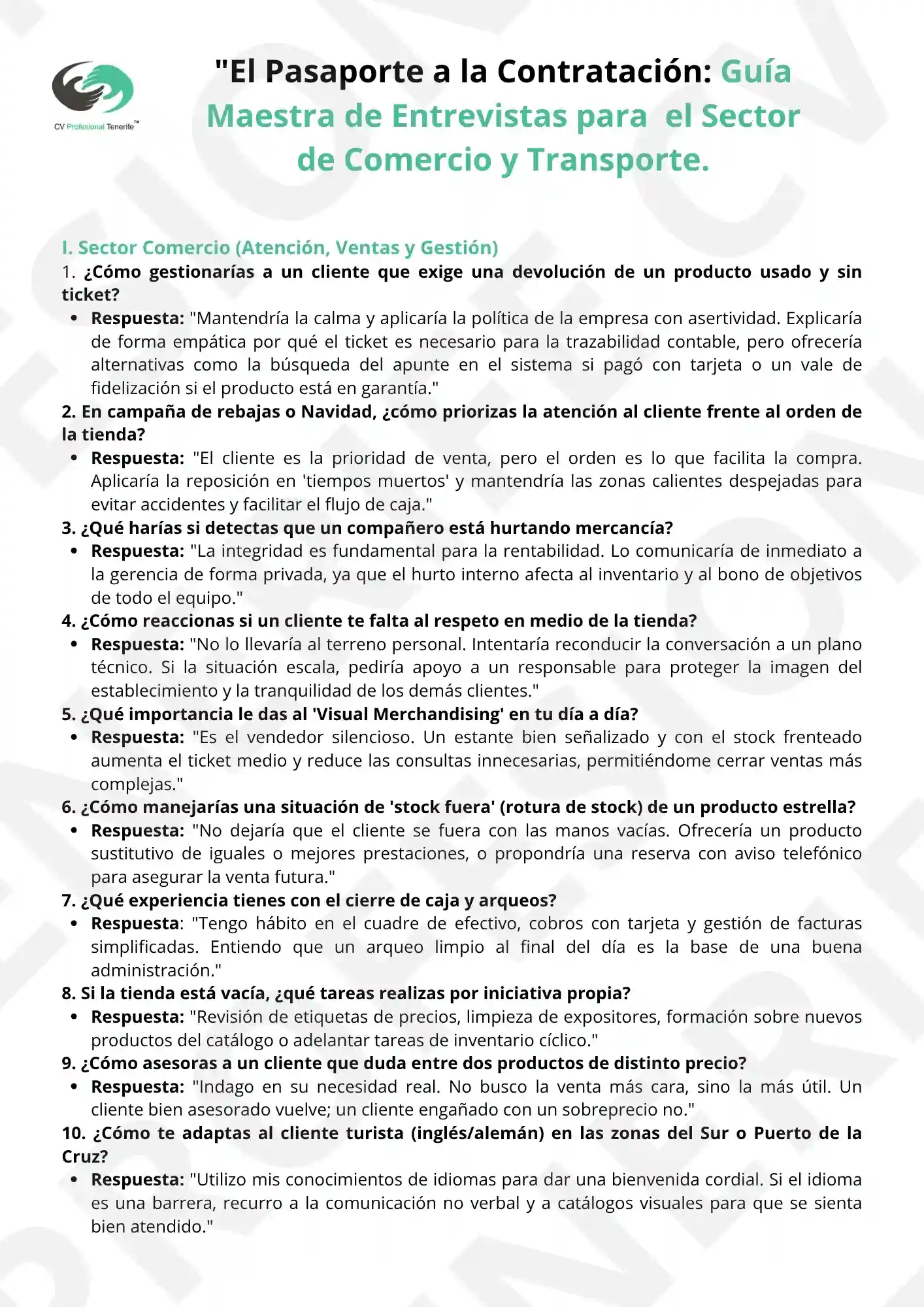VISTA PREVIA Pasaporte a la Contratacion Sector Comercio y Transporte 9 | CV Profesional Tenerife™ Guía de preparación de entrevistas para comercio y transporte en Tenerife.