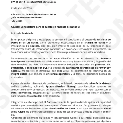 Vista previa Carta de Presentación Analista de Datos BI , optimizada para Filtros ATS, estructura limpia.