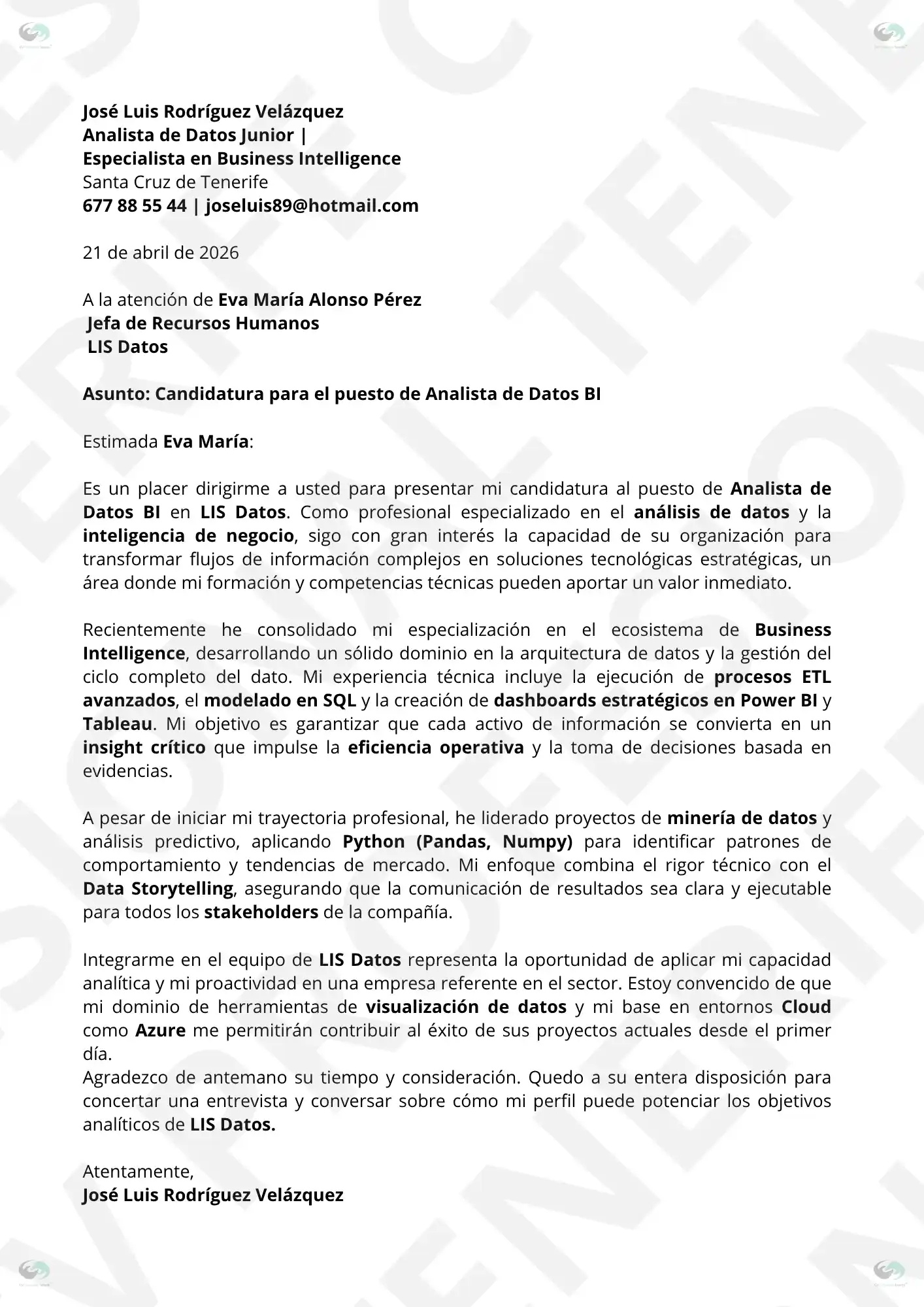 Vista previa Carta de Presentación Analista de Datos BI , optimizada para Filtros ATS, estructura limpia.
