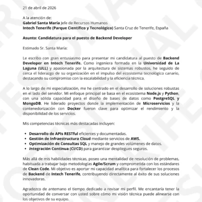 Vista previa Carta de Presentación María Luisa Padrón Bakend Edition, optimizada ATS, estructura limpia.