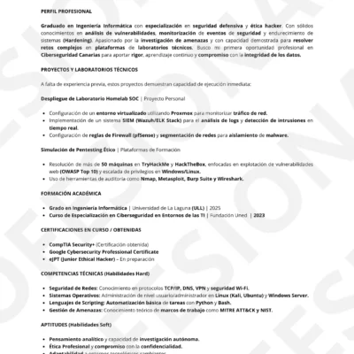 Vista previa CV Víctor Villaverde Especialista en Ciberseguridad Infórmatica , optimizado ATS, estructura limpia.