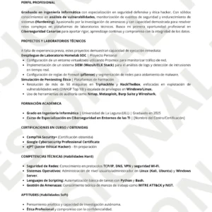 Vista previa de CV para Especialista en Ciberseguridad sin experiencia optimizado para ATS.