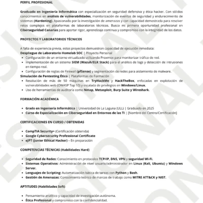 Vista previa de CV para Especialista en Ciberseguridad sin experiencia optimizado para ATS.