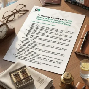 "Mockup profesional de 'El Pasaporte a la Contratación: Guía Maestra de Entrevistas para el Sector Administrativo y Atención al Cliente' sobre una mesa de madera de oficina con vistas al mar. La guía, con el logo de CV Profesional Tenerife, se muestra rodeada de elementos de trabajo: unas gafas de vista, un reloj de sobremesa, dos pasaportes con el distintivo 'H10 COSTA ADEJE PALACE', un camión de transporte a escala, bolígrafos, un vaso de agua con limón y una maqueta de un balcón canario tradicional sobre servilletas. La imagen presenta una marca de agua traslúcida prominente que dice 'CV Profesional Tenerife' ocupando el centro del diseño."
