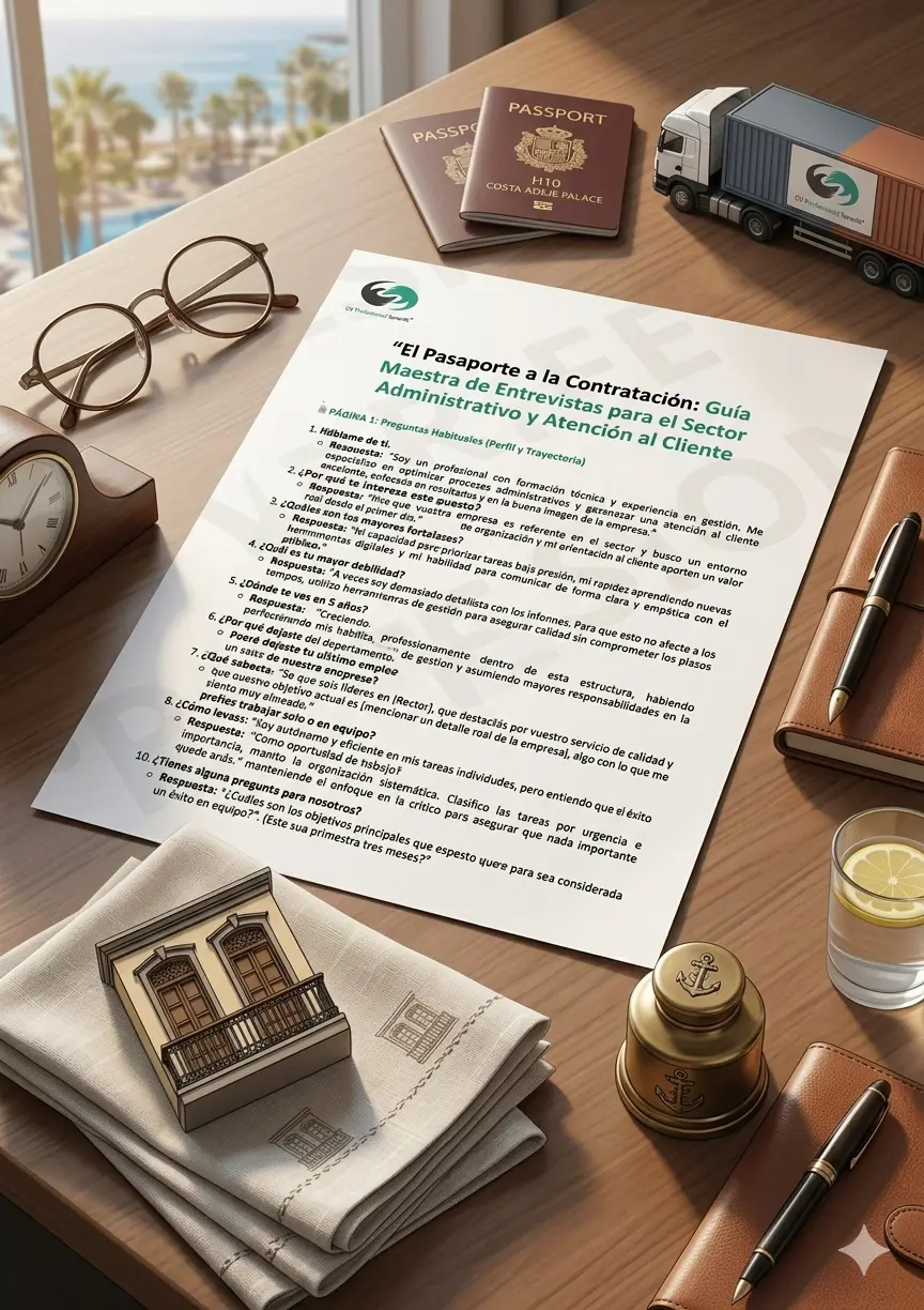 guia entrevistas administrativo atencion cliente tenerife | CV Profesional Tenerife™ "Mockup profesional de 'El Pasaporte a la Contratación: Guía Maestra de Entrevistas para el Sector Administrativo y Atención al Cliente' sobre una mesa de madera de oficina con vistas al mar. La guía, con el logo de CV Profesional Tenerife, se muestra rodeada de elementos de trabajo: unas gafas de vista, un reloj de sobremesa, dos pasaportes con el distintivo 'H10 COSTA ADEJE PALACE', un camión de transporte a escala, bolígrafos, un vaso de agua con limón y una maqueta de un balcón canario tradicional sobre servilletas. La imagen presenta una marca de agua traslúcida prominente que dice 'CV Profesional Tenerife' ocupando el centro del diseño."