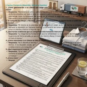 Mockup profesional para el sector comercio y logística que muestra la guía 'El Pasaporte a la Contratación'. El documento está sobre una carpeta de cuero en un escritorio de oficina moderno. Se acompaña de elementos temáticos: una tablet con perfil profesional, un camión de transporte a escala, una camisa blanca doblada (estilo retail), un bolígrafo de precisión y un vaso de agua con limón. Al fondo se aprecia un centro logístico bajo la luz del atardecer. Incluye la marca de agua 'CV Profesional Tenerife' en el centro del diseño."