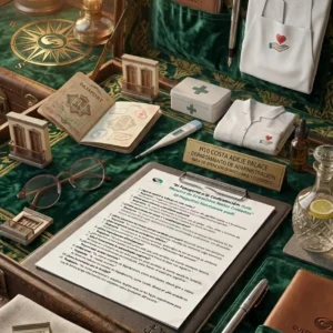 "Mockup profesional para el sector de cuidados de salud que muestra la guía 'El Pasaporte a la Contratación'. El documento reposa sobre un portapapeles de cuero en un escritorio de oficina moderno. Se acompaña de elementos temáticos: dos pasaportes con el distintivo 'H10 COSTA ADEJE PALACE', bolígrafos elegantes, unas gafas, un camión de transporte a escala, un vaso de agua con limón y maquetas de un balcón canario tradicional sobre servilletas de tela. Al fondo, a través de una ventana, se aprecia una vista borrosa de una piscina y palmeras de un resort bajo la luz del sol. Incluye la marca de agua traslúcida prominente 'CV Profesional Tenerife' en el centro del diseño."