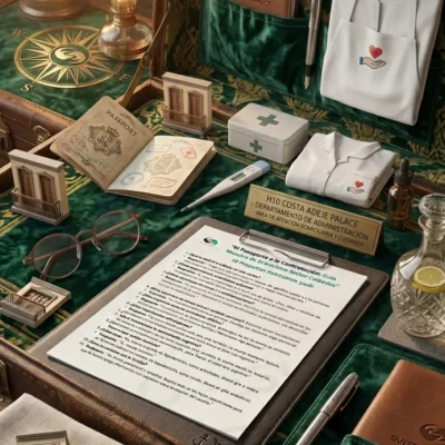 "Mockup profesional para el sector de cuidados de salud que muestra la guía 'El Pasaporte a la Contratación'. El documento reposa sobre un portapapeles de cuero en un escritorio de oficina moderno. Se acompaña de elementos temáticos: dos pasaportes con el distintivo 'H10 COSTA ADEJE PALACE', bolígrafos elegantes, unas gafas, un camión de transporte a escala, un vaso de agua con limón y maquetas de un balcón canario tradicional sobre servilletas de tela. Al fondo, a través de una ventana, se aprecia una vista borrosa de una piscina y palmeras de un resort bajo la luz del sol. Incluye la marca de agua traslúcida prominente 'CV Profesional Tenerife' en el centro del diseño."