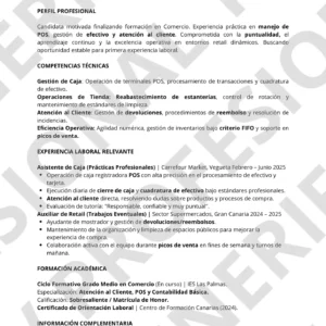 Modelo de CV para Cajera de Supermercado en Tenerife optimizado para filtros ATS y atención al cliente