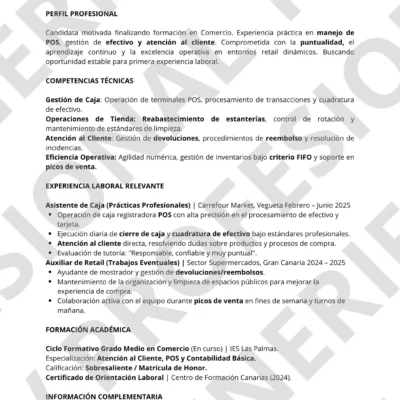 Modelo de CV para Cajera de Supermercado en Tenerife optimizado para filtros ATS y atención al cliente